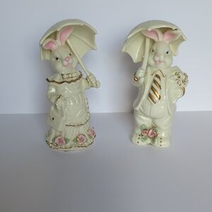 K's Collection Man And Woman Ceramic Rabbits With Umbrellas With Flowers
